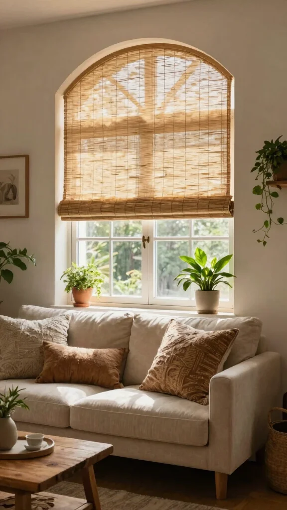 10 Arched Window Treatment Ideas That Keep the Character Intact - 5. Natural Fiber Shades for a Rustic Touch 1