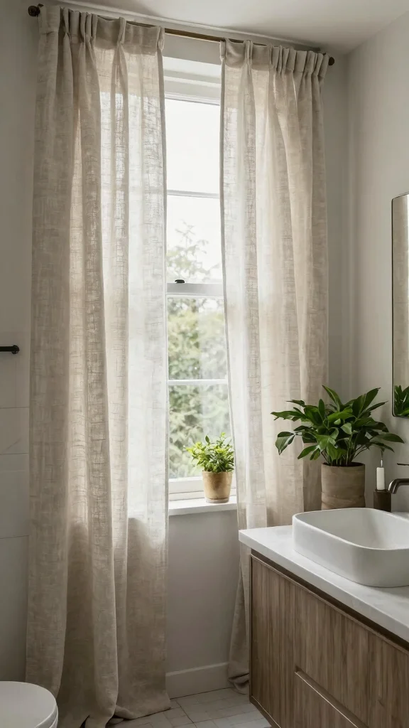 10 Bathroom Window Treatment Ideas for Privacy Without Darkness - 3. Linen Drapes for a Luxurious Feel 1