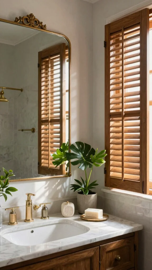 10 Bathroom Window Treatment Ideas for Privacy Without Darkness - 8. Stylish Shutters for Timeless Appeal 1