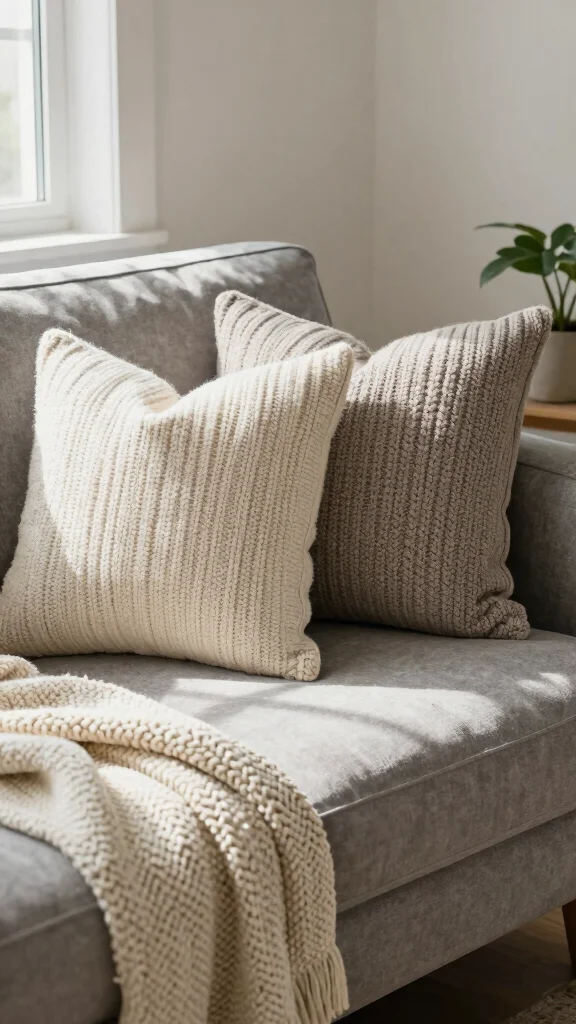 10 Grey Couch Throw Pillow Ideas for a More Finished Living Room - 1. Textured Knitted Pillows 1