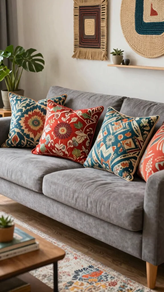 10 Grey Couch Throw Pillow Ideas for a More Finished Living Room - 3. Vibrant Patterned Pillows 1