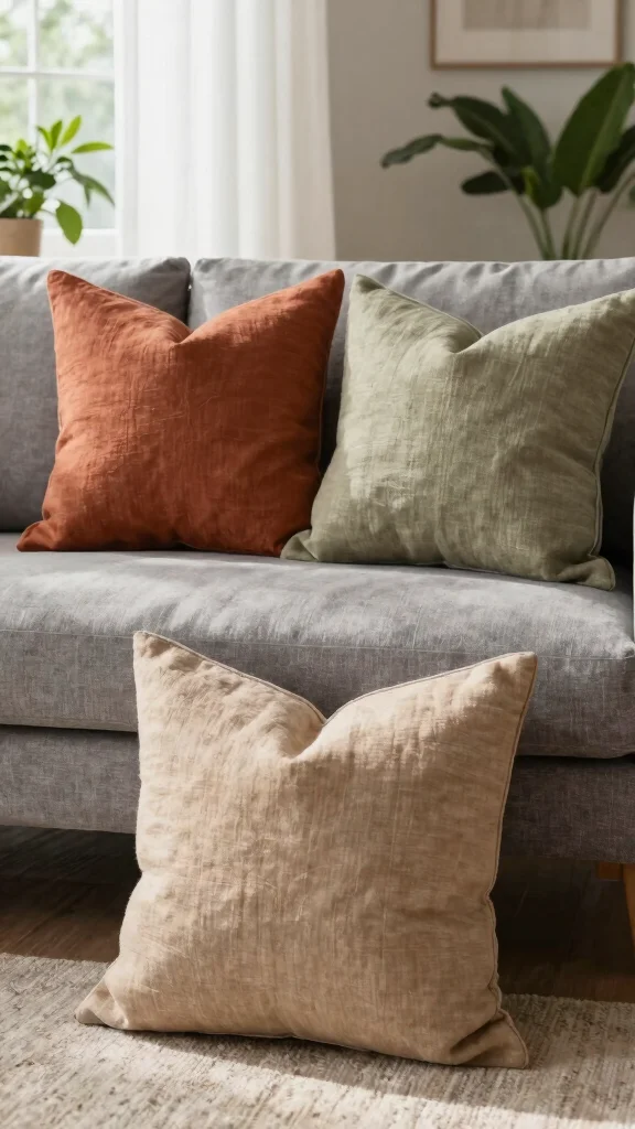 10 Grey Couch Throw Pillow Ideas for a More Finished Living Room - 4. Earthy Tone Linen Pillows 1