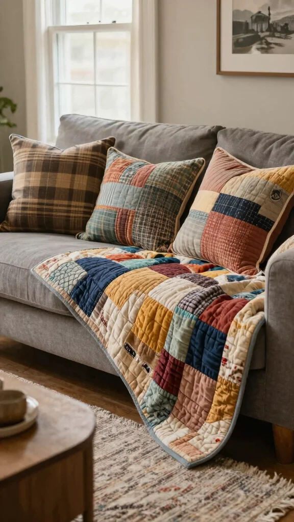 10 Grey Couch Throw Pillow Ideas for a More Finished Living Room - 5. Quilted Patchwork Pillows 1