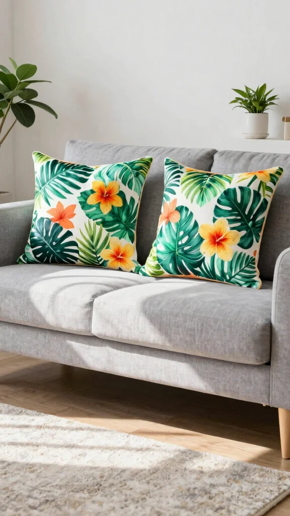 10 Grey Couch Throw Pillow Ideas for a More Finished Living Room - 6. Tropical Print Pillows 1