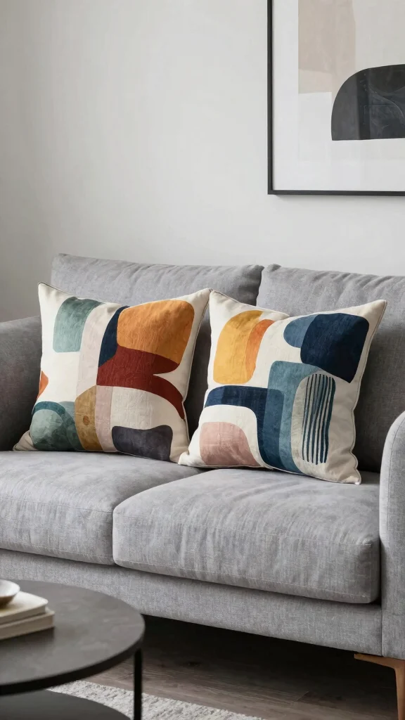 10 Grey Couch Throw Pillow Ideas for a More Finished Living Room - 7. Artistic Abstract Pillows 1
