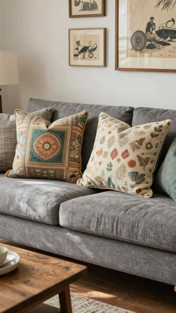 10 Grey Couch Throw Pillow Ideas for a More Finished Living Room - 9. Vintage Inspired Pillows 1