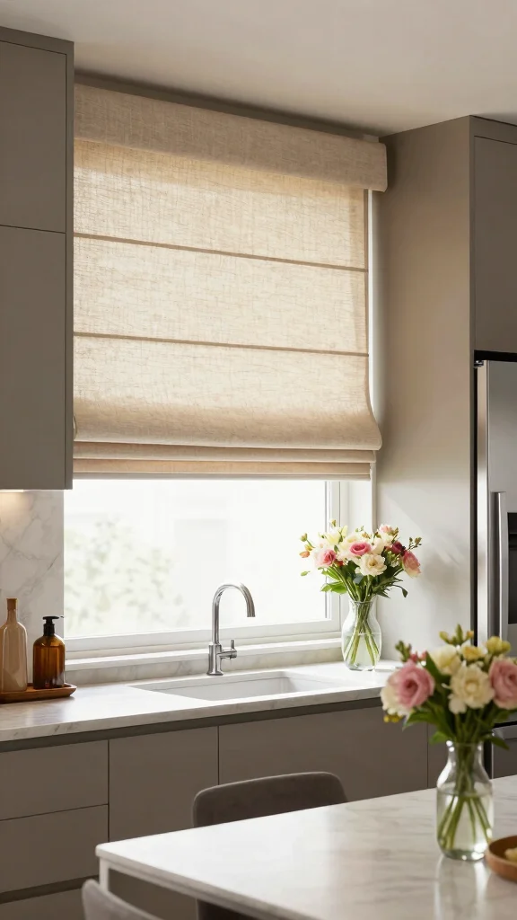 10 Kitchen Window Treatment Ideas That Stay Practical and Pretty - 7. Natural Fiber Roller Shades 1