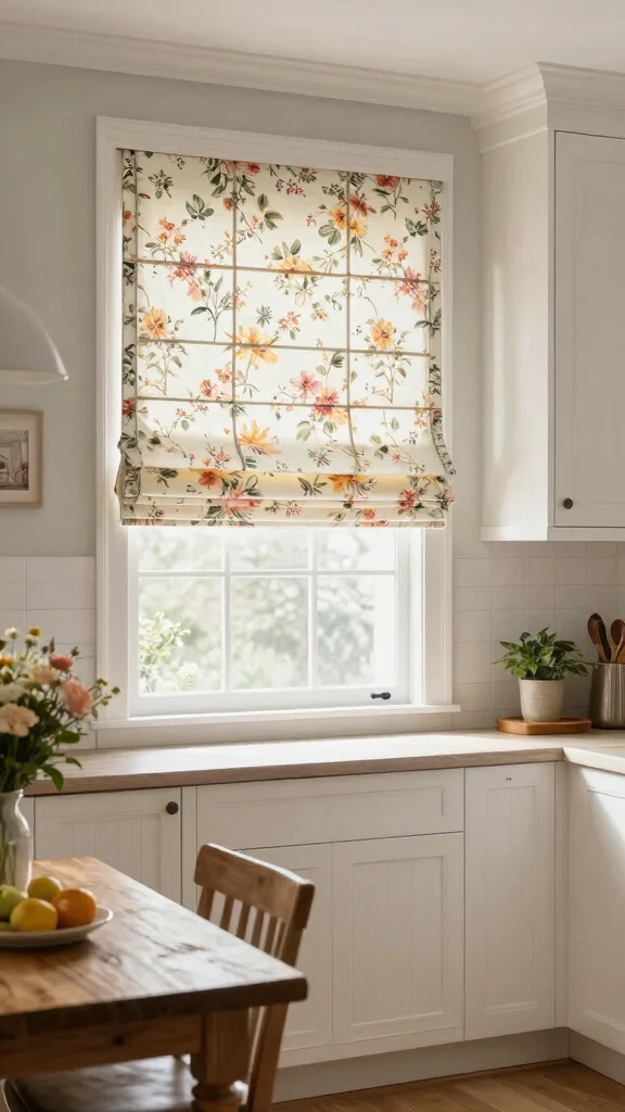10 Kitchen Window Treatment Ideas That Stay Practical and Pretty - 9. Roman Shades with Floral Patterns 1