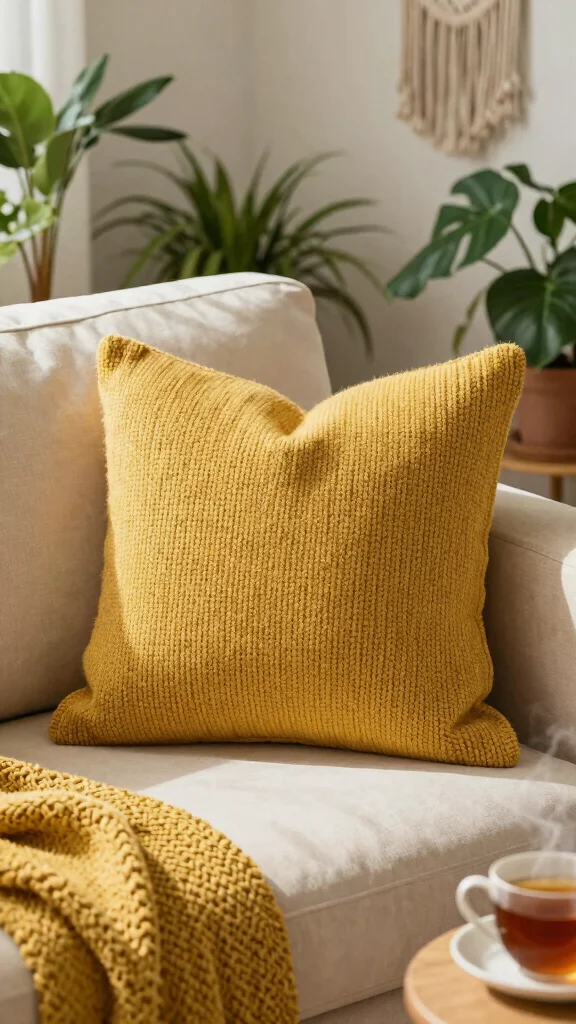 10 Mustard Yellow Throw Pillow Ideas for a Bright, Cozy Living Room - 1. Cozy Textured Knits 1