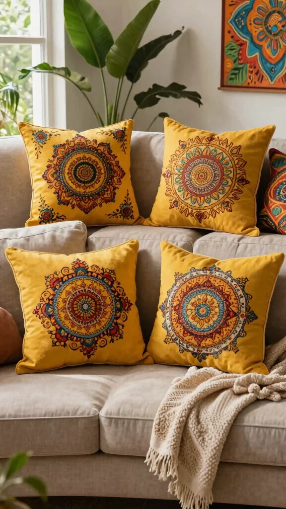 10 Mustard Yellow Throw Pillow Ideas for a Bright, Cozy Living Room - 2. Bohemian Patterns 1