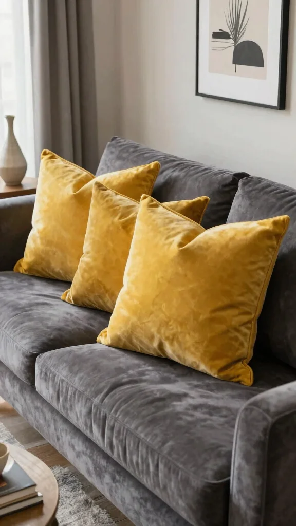 10 Mustard Yellow Throw Pillow Ideas for a Bright, Cozy Living Room - 3. Velvet Elegance 1