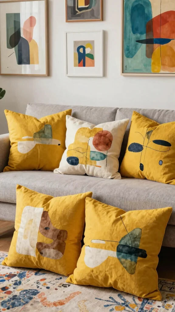 10 Mustard Yellow Throw Pillow Ideas for a Bright, Cozy Living Room - 4. Artistic Prints 1