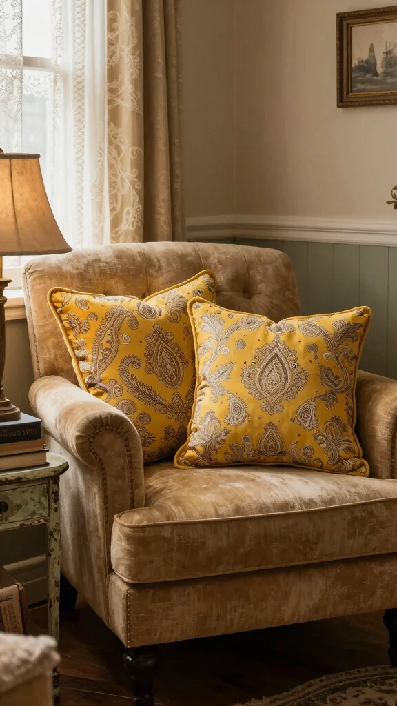10 Mustard Yellow Throw Pillow Ideas for a Bright, Cozy Living Room - 5. Vintage Touches 1