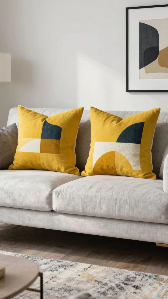 10 Mustard Yellow Throw Pillow Ideas for a Bright, Cozy Living Room - 6. Bold Geometrics 1