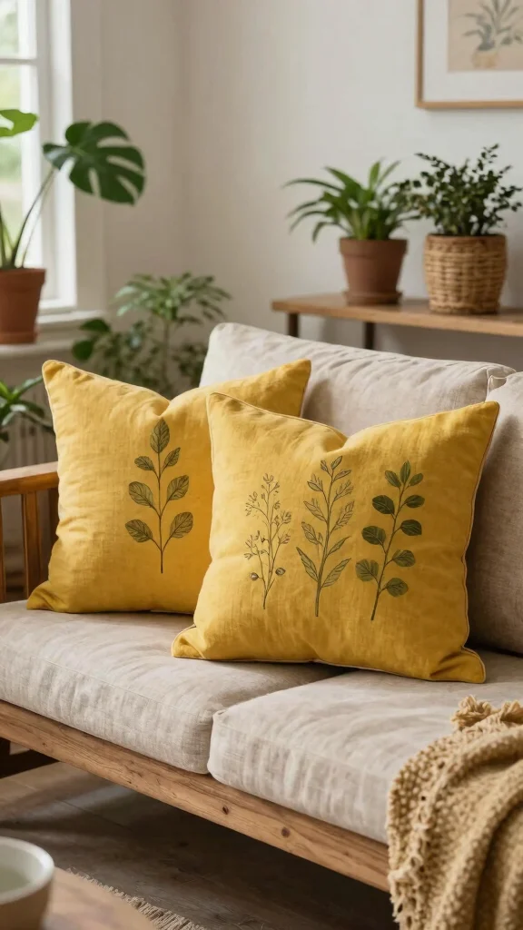 10 Mustard Yellow Throw Pillow Ideas for a Bright, Cozy Living Room - 7. Nature-inspired Fabrics 1