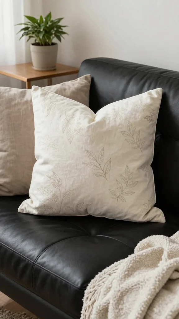 10 Throw Pillow Ideas for Leather Couches That Add Balance - 1. Organic Cotton Bliss 1
