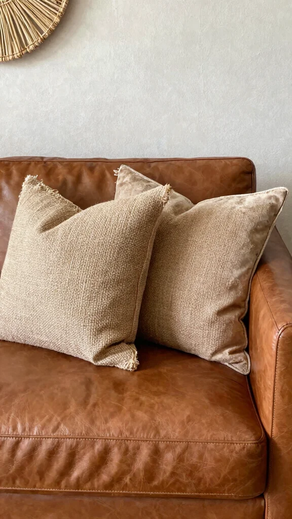 10 Throw Pillow Ideas for Leather Couches That Add Balance - 2. Textured Jute Wonders 1