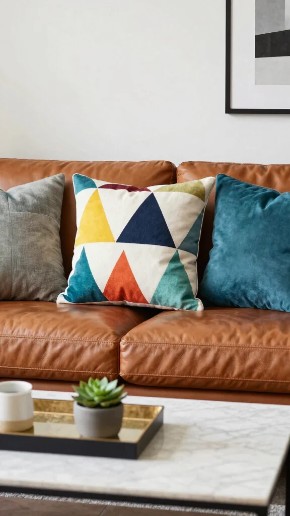 10 Throw Pillow Ideas for Leather Couches That Add Balance - 3. Bold Geometric Prints 1