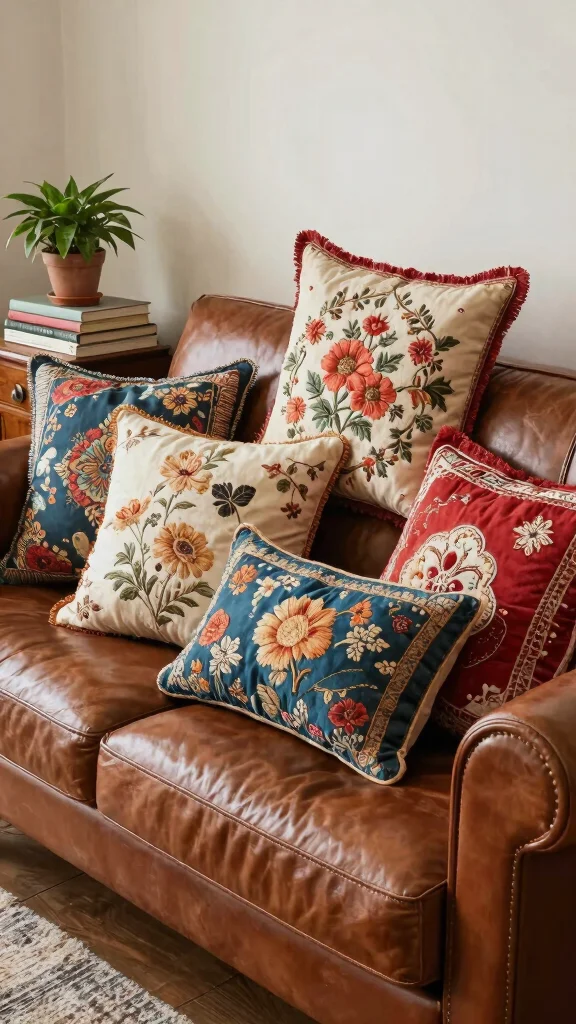 10 Throw Pillow Ideas for Leather Couches That Add Balance - 7. Vintage Finds 1