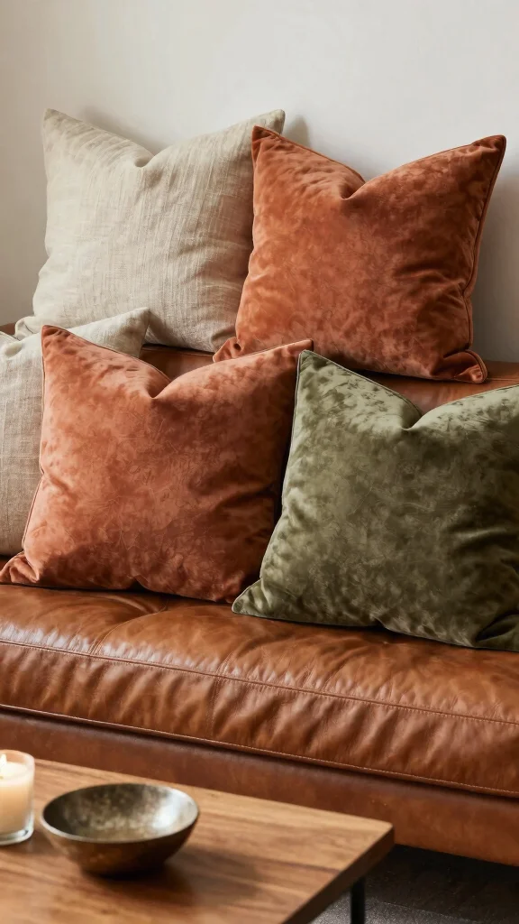 10 Throw Pillow Ideas for Leather Couches That Add Balance - 8. Earthy Tones and Textures 1