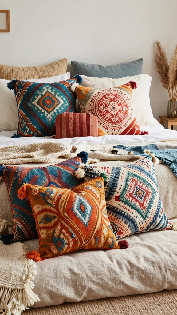 10 Throw Pillow Ideas for a Queen Bed That Look Soft and Balanced - 6. Bohemian Styles 1