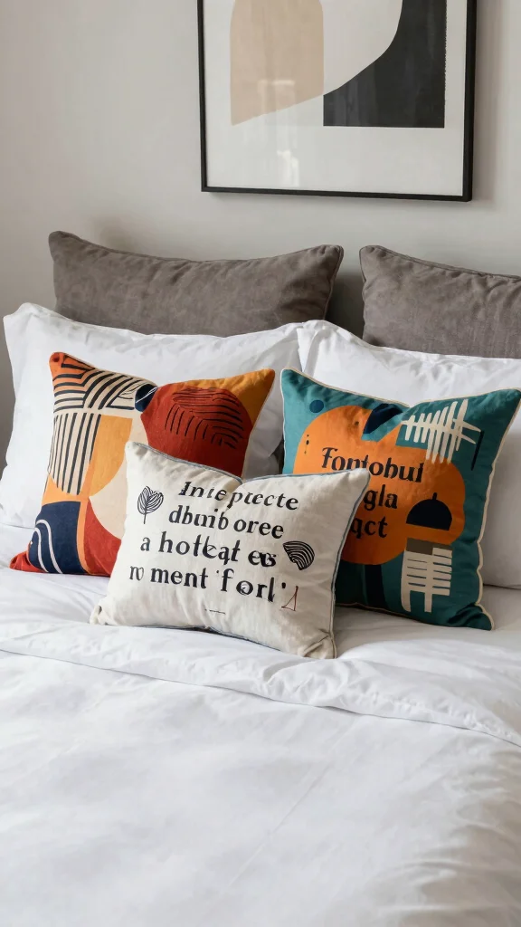 10 Throw Pillow Ideas for a Queen Bed That Look Soft and Balanced - 9. Statement Graphics 1