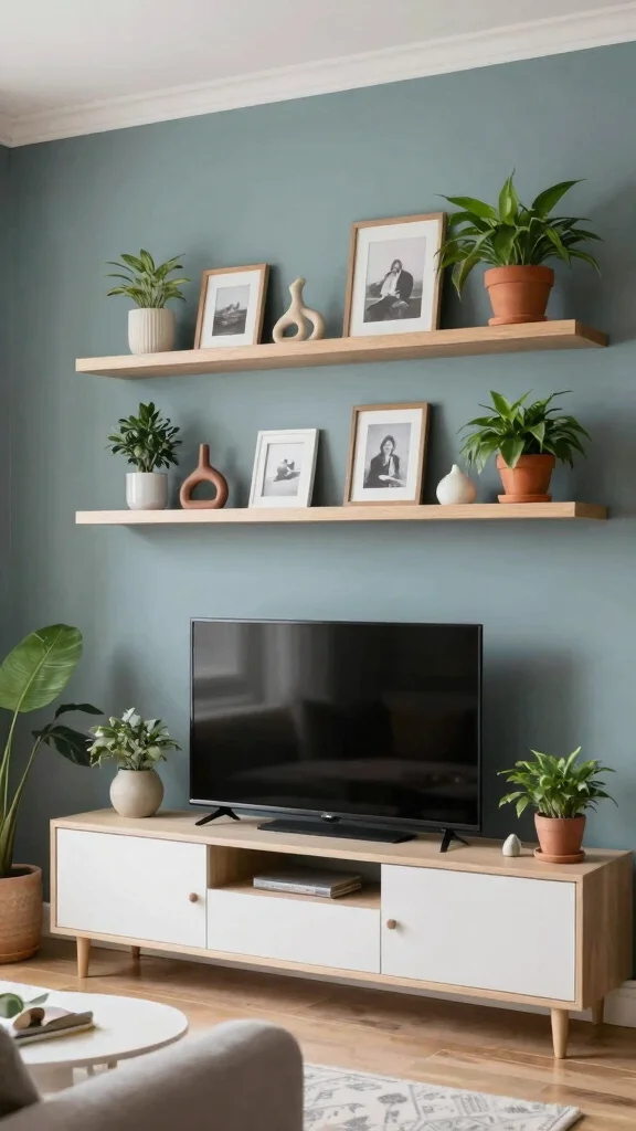 10 Wall Art Ideas Above the TV That Look Intentional and Smart - 3. Floating Shelves with Decorative Pieces 1