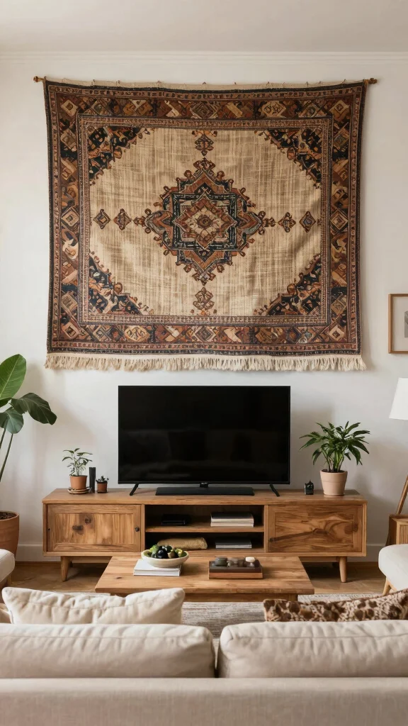 10 Wall Art Ideas Above the TV That Look Intentional and Smart - 4. Tapestry or Fabric Art 1