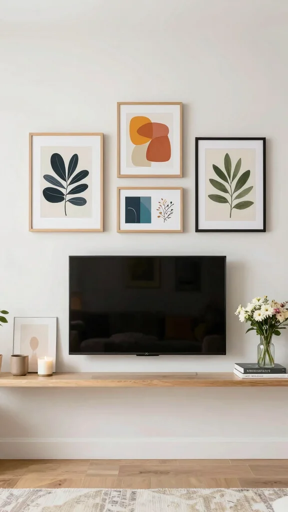 10 Wall Art Ideas Above the TV That Look Intentional and Smart - 5. Art Prints on a Ledge 1