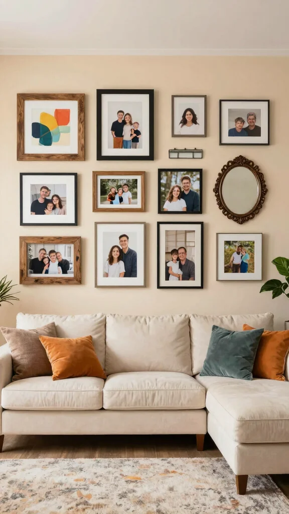 10 Wall Art Ideas Over the Couch for a More Balanced Living Room - 1. Eclectic Gallery Wall 1