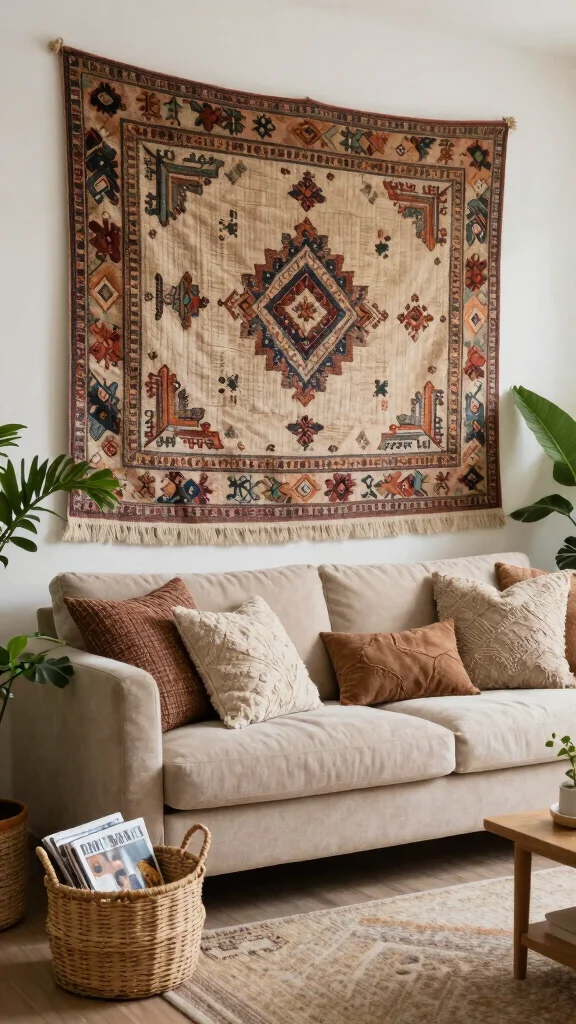 10 Wall Art Ideas Over the Couch for a More Balanced Living Room - 3. Woven Textiles 1