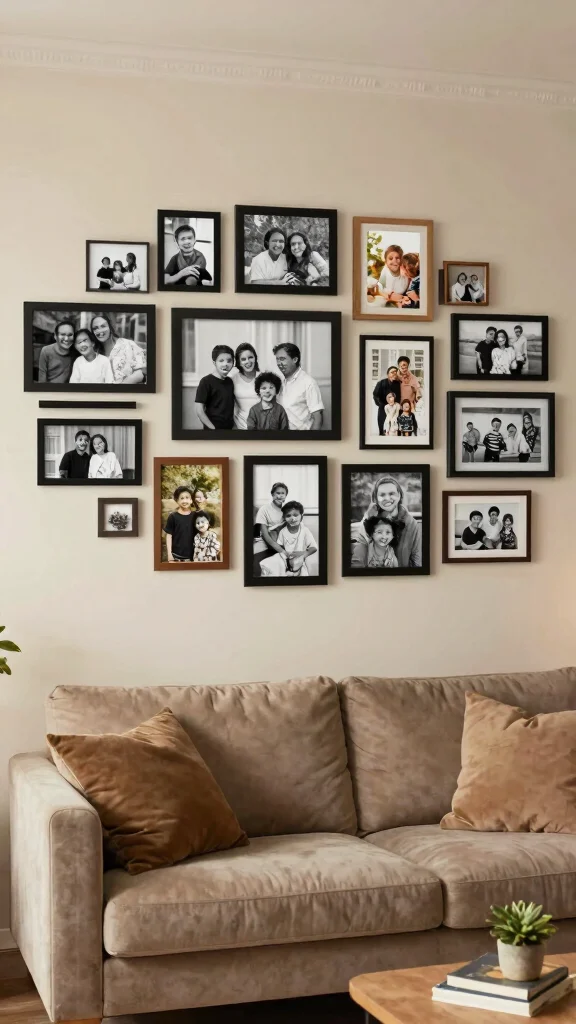 10 Wall Art Ideas Over the Couch for a More Balanced Living Room - 7. Family Photos Display 1
