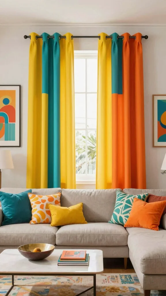 11 Mid-Century Modern Window Treatment Ideas With Clean Lines - 11. Bold Color Block Curtains 1
