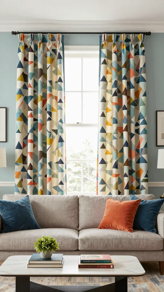 11 Mid-Century Modern Window Treatment Ideas With Clean Lines - 3. Geometric Patterned Drapery 1