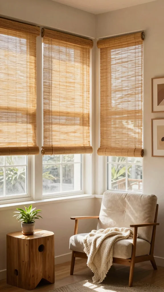 11 Mid-Century Modern Window Treatment Ideas With Clean Lines - 4. Natural Bamboo Shades 1