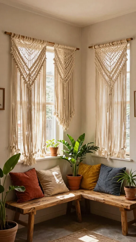 11 Mid-Century Modern Window Treatment Ideas With Clean Lines - 7. Eclectic Macramé Hangings 1