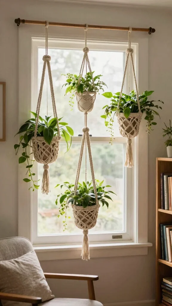 11 No-Drill Window Treatment Ideas for Renters - 10. DIY Macramé Hangers 1