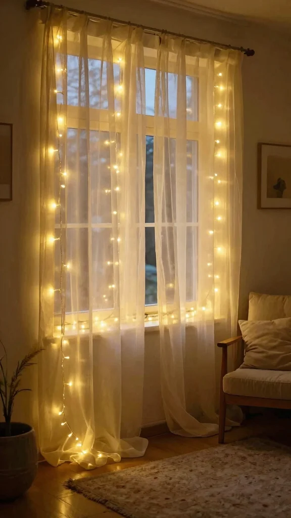 11 No-Drill Window Treatment Ideas for Renters - 9. String Lights with Sheer Fabric 1