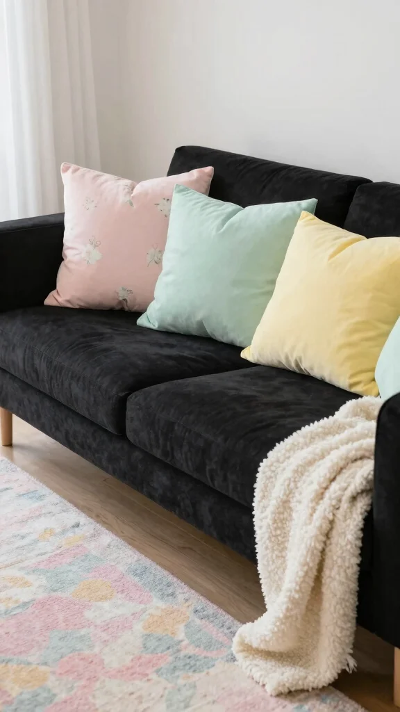 11 Throw Pillow Ideas for a Black Couch That Feel Chic and Modern - 4. Soft Pastels 1