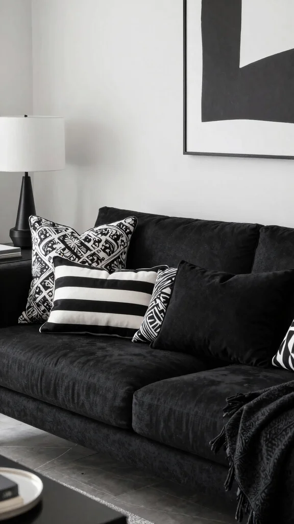 11 Throw Pillow Ideas for a Black Couch That Feel Chic and Modern - 5. Minimalist Black and White 1
