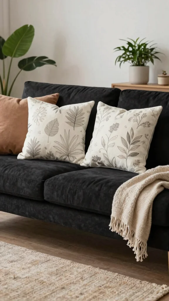 11 Throw Pillow Ideas for a Black Couch That Feel Chic and Modern - 7. Nature-Inspired Designs 1