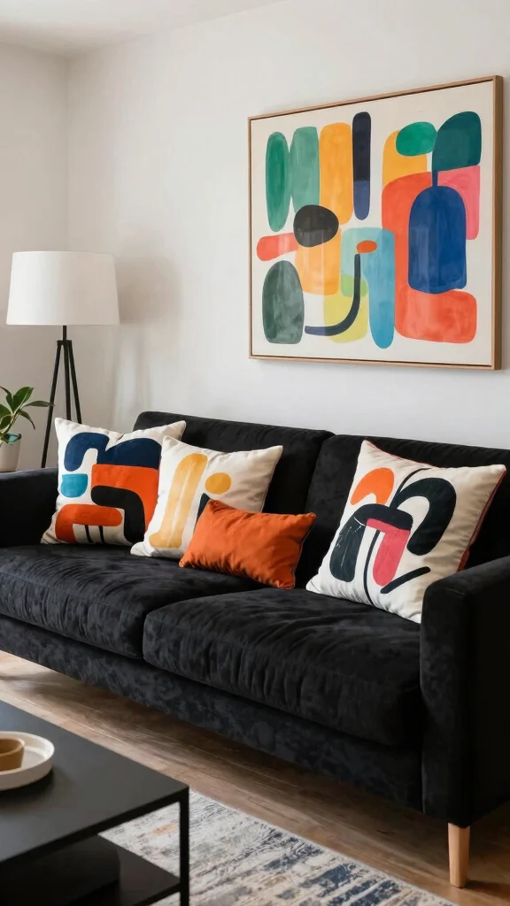 11 Throw Pillow Ideas for a Black Couch That Feel Chic and Modern - 8. Artistic Prints 1