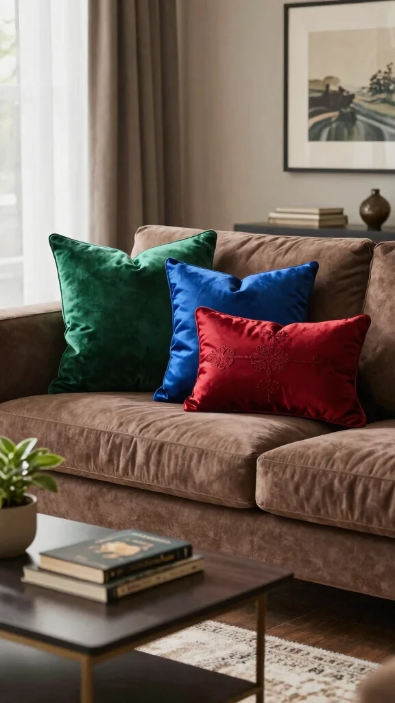11 Throw Pillow Ideas for a Brown Couch That Add Contrast - 1. Jewel Toned Elegance 1