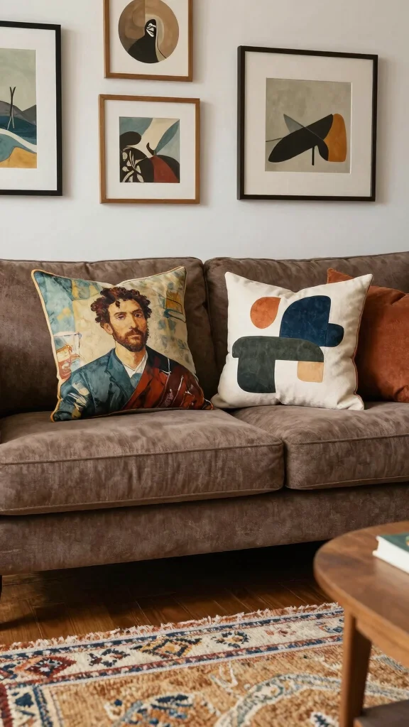 11 Throw Pillow Ideas for a Brown Couch That Add Contrast - 10. Artistic Flair 1
