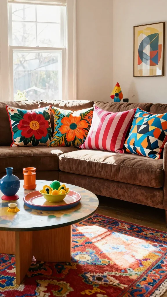 11 Throw Pillow Ideas for a Brown Couch That Add Contrast - 3. Bold Patterns 1