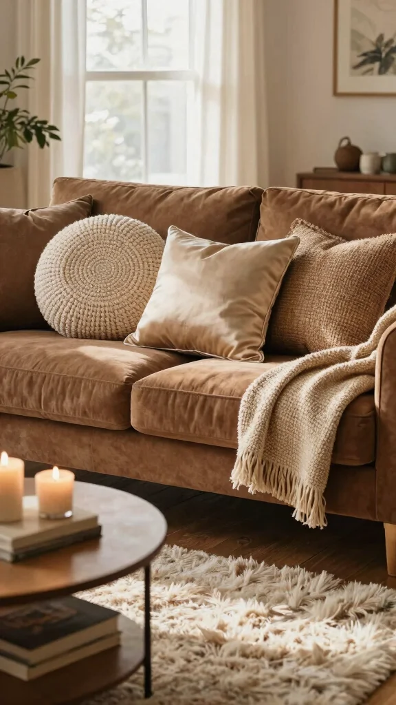 11 Throw Pillow Ideas for a Brown Couch That Add Contrast - 6. Playful Textures 1