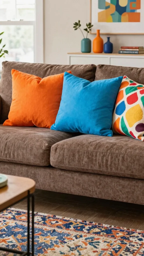 11 Throw Pillow Ideas for a Brown Couch That Add Contrast - 7. Bright Accents 1