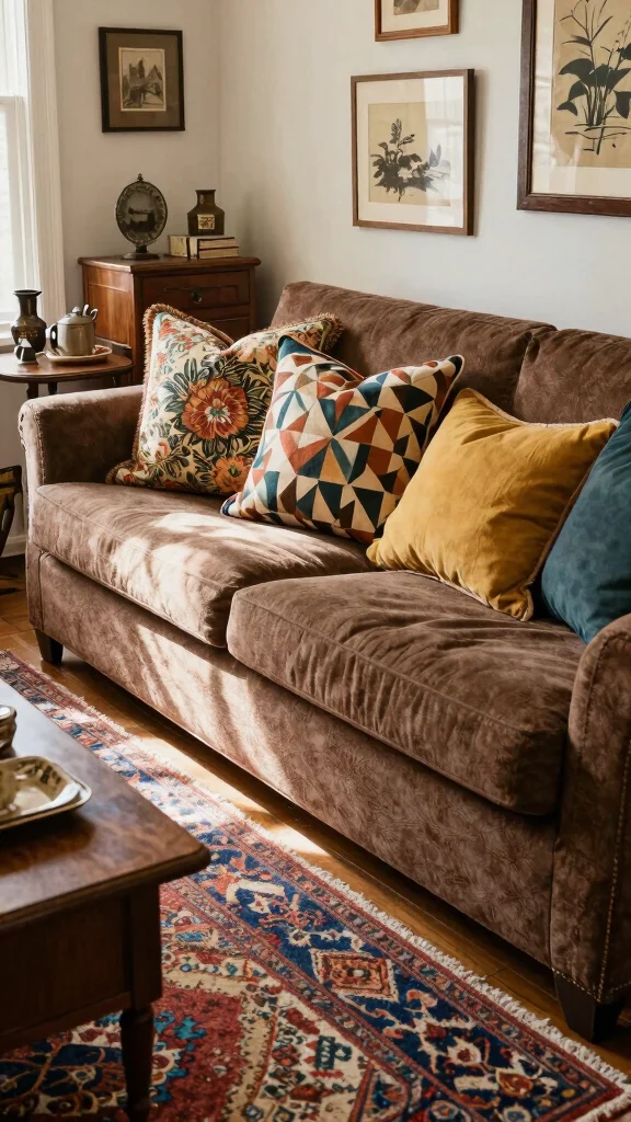 11 Throw Pillow Ideas for a Brown Couch That Add Contrast - 8. Vintage Finds 1