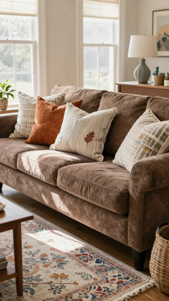 11 Throw Pillow Ideas for a Brown Couch That Add Contrast - 9. Seasonal Styles 1