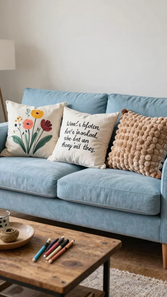 11 Throw Pillow Set of 3 Ideas for Easy and Stylish Sofa Styling - 9. Personal Touch with DIY 1